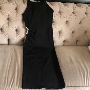 Knit bodycon black dress with rhinestone cut out on side in M